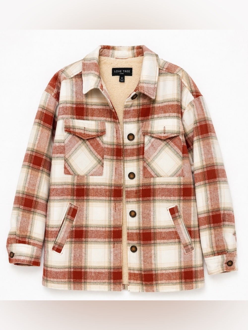 Love Tree Plaid Sherpa‎ Shacket Jacket Medium Red Cream Button Front Cozy Fall